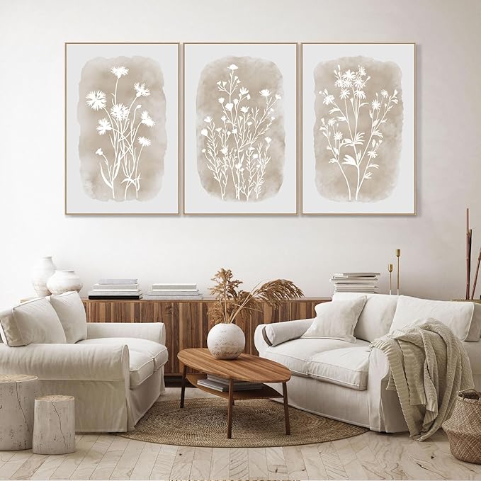 Neutral Wildflower Wall Art Framed Boho Botanical Large Vintage Farmhouse Minimalist Floral Beige Canvas Wall Decor Prints for Living Room Bedroom Office, 3 Panels, 24x36 Inch