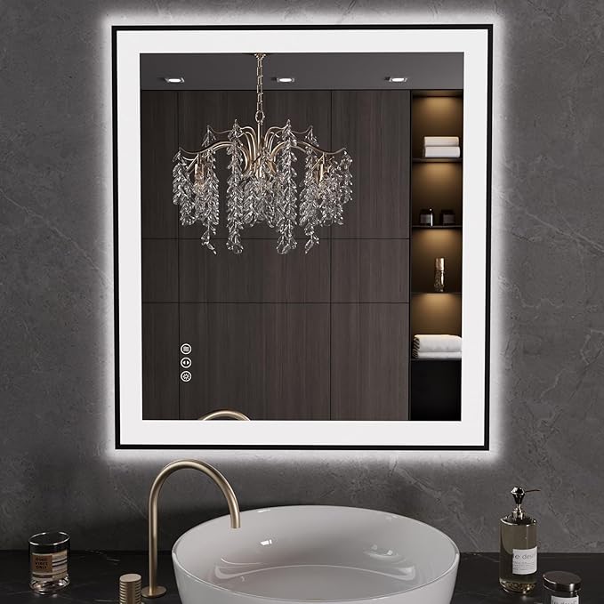 LOAAO 32"X36" LED Bathroom Mirror Black Framed, Anti-Fog, Dimmable, Lighted Bathroom Vanity Mirror for Wall, Memory Function, Tempered Glass