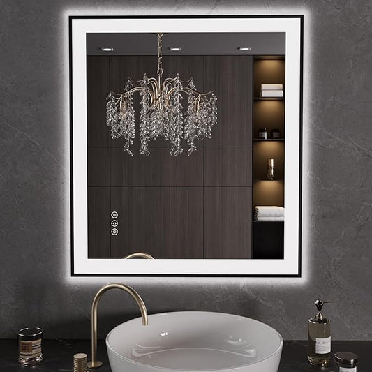 LOAAO 32"X36" LED Bathroom Mirror Black Framed, Anti-Fog, Dimmable, Lighted Bathroom Vanity Mirror for Wall, Memory Function, Tempered Glass
