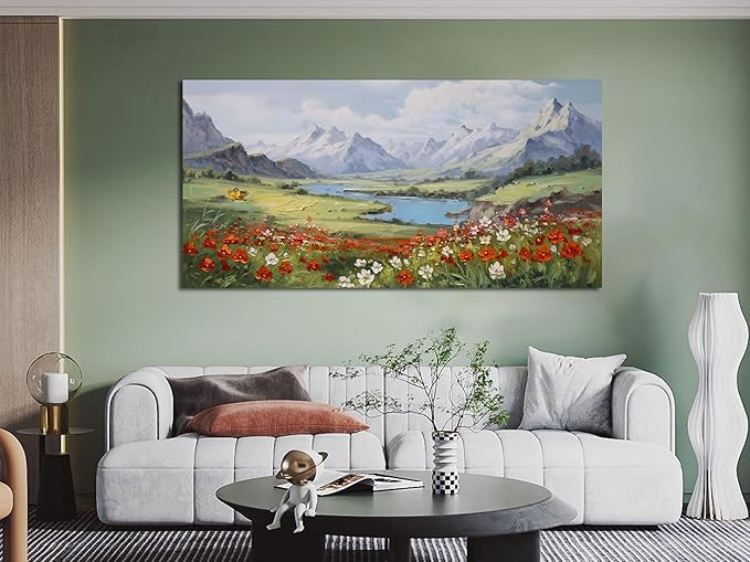 Arjun Landscape Wall Art Canvas for Living Room, Extra Large Mountain Nature Painting Bedroom Textured Floral Scenery Picture Framed Artwork for Office Home Dining Room Wall Decor 58"x29"