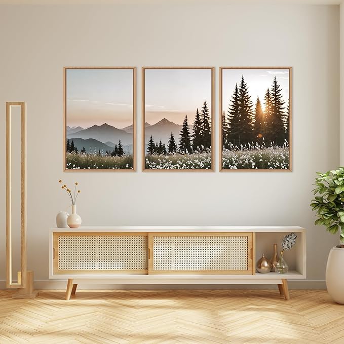 Large Mountain Sunlight Calming Framed Canvas Wall Art Set,Boho Nature Pine Tree Landscape Wall Decor,Modern Sunrise Forest Art Printing for Living Room,Bedroom-24 x36 x3