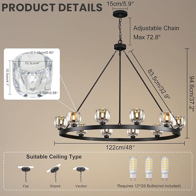 Black Wagon Wheel Chandelier, 48 Inch Black Chandeliers with Unique Glass Shade, 12-Light Crystal Large Wagon Wheel Chandeliers for Dining Room, High Ceiling Round Chandelier for Living Room, Foyer