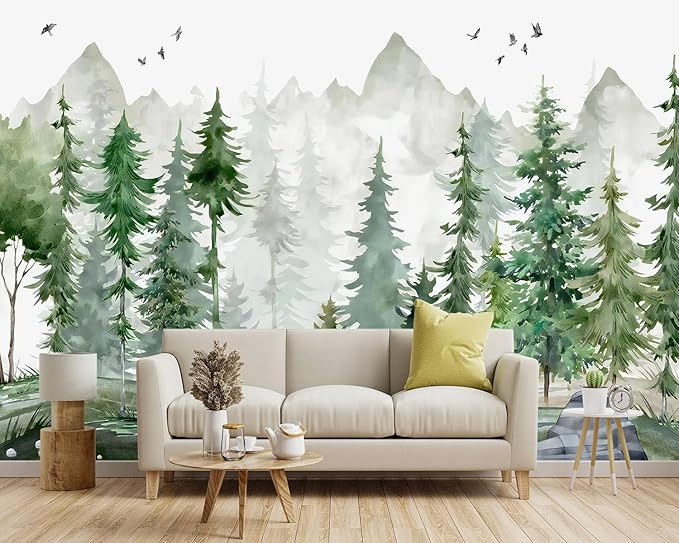-Green Cartoon Pine Forest Nursery Fabric Wallpaper for Boys and Girls Children's Bedroom Living Room Woodland Plants Large Wall Mural- 137"x96"（ not Peel and Stick）