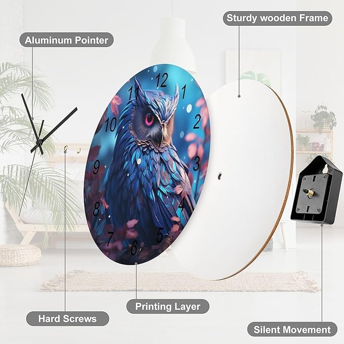 Blue Owl-Themed Circular Wall Clock, Dreamy Background Owl Watercolor Art In The Flower Night Forest, Wooden Silent Wall Decorative Wall Clock Teenagers' Rooms, Living Kitchens 12x12INCH
