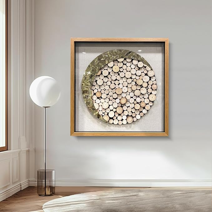 BrightA 3D Square Framed Nature Art - Gold Patina Metal Meets Circular Solid Wood Block Texture, Minimalist Contrast Wall Decor for Calming Spaces 59"x59"