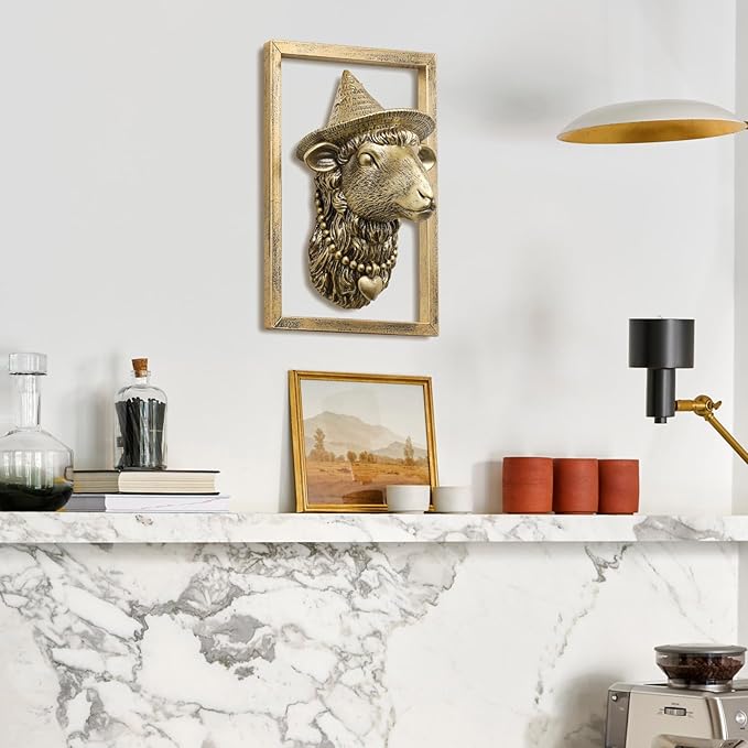 Animal Heads Wall Decor (Includes Metal Frame) Resin Animals Sculptures Head Wall Hanging Decoration Gold vintage Wall Sculpture for Living Room Bedroom Office(Sheep)