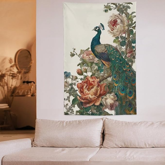 UUKXKUU Peacock Oriental Retro Blooming Flowers Tree Tapestry Wall Decor Large Wall Art Backdrop Flag Hanging for Bedroom Living Room Dorm Office 60"×90"