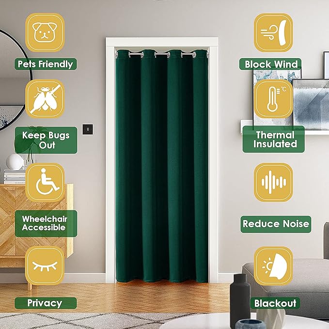 ChrisDowa Blackout Door Curtains for Doorway Privacy, Grommet Closet Curtain for Bedroom Closet Door, Thermal Insulated Doorway Cover Room Divider Drapes (1 Panel, Forest Green, 34 x 80 Inch)