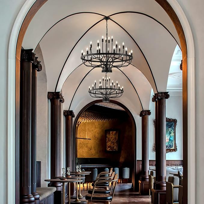 Black Chandelier 24 Light, Modern Farmhouse Chandelier for Dining Room, Round Industrial Candle Chandeliers Light, Wagon Wheel Chandelier 39in 3-Tier for Hallway, Living Room, Foyer, Island Lights