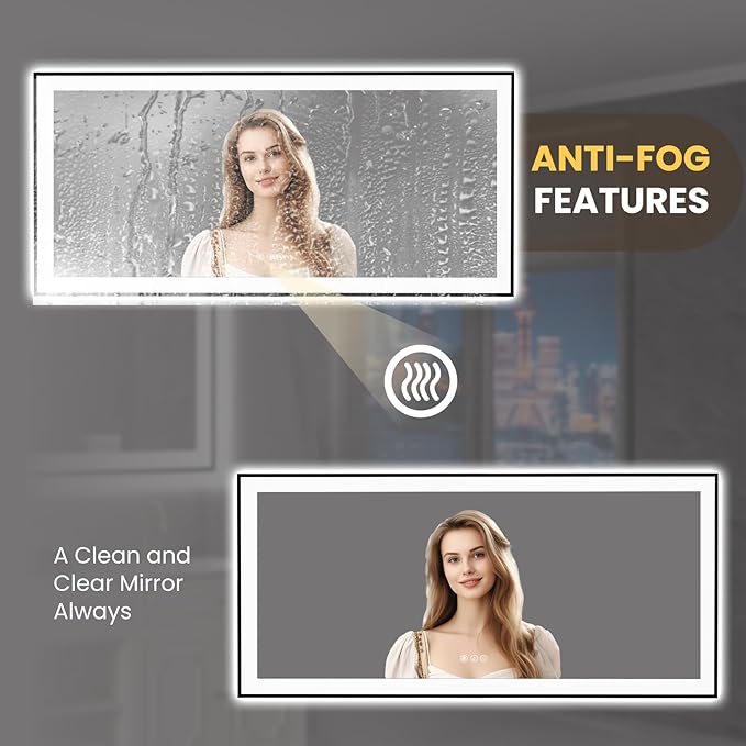 LOAAO 60"X28" LED Bathroom Mirror Black Framed, Anti-Fog, Dimmable, Lighted Bathroom Vanity Mirror for Wall, Memory Function, Tempered Glass