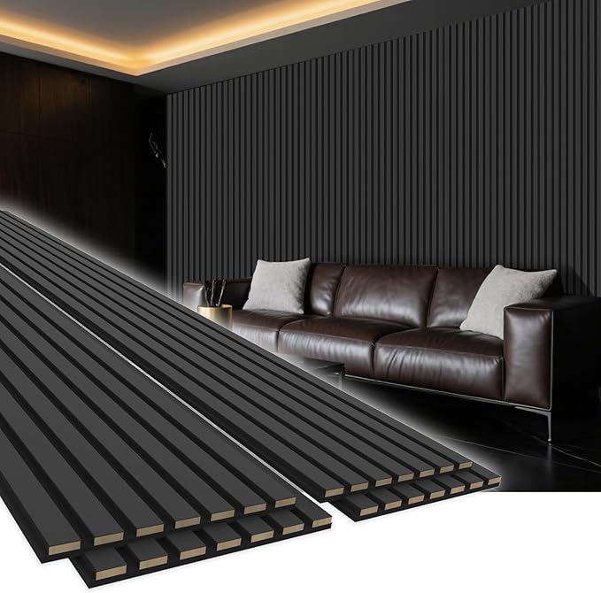 4 Pack 94.5" × 11" Wood Panels for Wall, Acoustic Soundproof Wall Slat Panels, 3D Wall Panels for Home Office Decoration, Matte Black