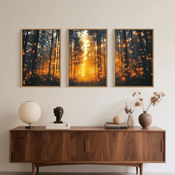 Large Magical Firefly Forest Framed Canvas Wall Art,Enchanted Night Nature Wall Decor,Moody Twinkling Firefly Artwork,Mystical Woodland Art Print for Living Room, Bedroom, Office- 16"x24"x3