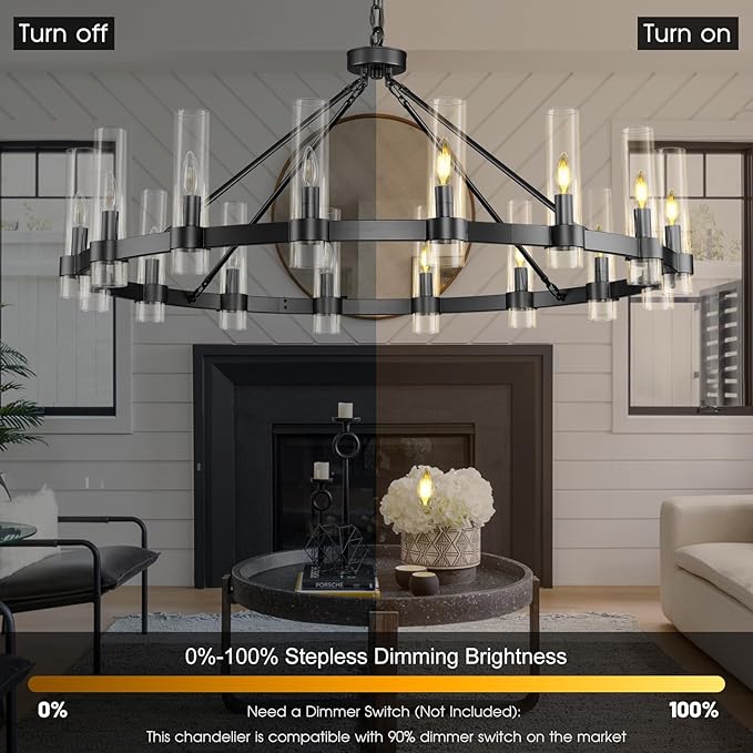 Black Wagon Wheel Chandelier, 48" Modern Chandeliers with Glass Shade, 16-Light Large Chandelier for High Ceiling, Farmhouse Chandeliers for Dining Room, Living Room, Foyer, Stairway(Bulbs Included)