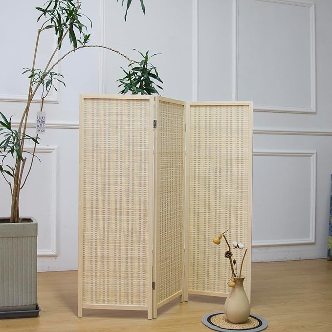 3 Panel Room Divider Short Folding Screen Divider,Double Sided Bamboo Divider Screen for Room Separation,Beige,47.2" H x 46.1" W