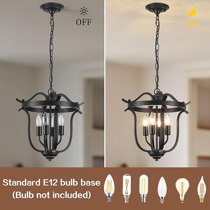 Black Chandelier Farmhouse Cage Pendant Light E12 4 Light Ceiling Light Fixtures Vintage Chandeliers for Dining Room Kitchen Entryway Hallway Foyer