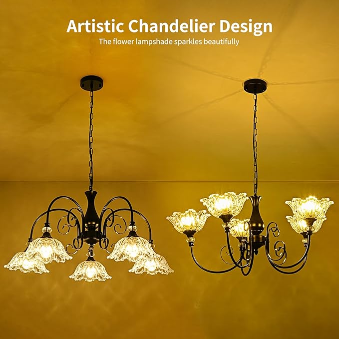 5-Light Chandeliers in Matte Black Finish with Crystal Glass Shades, Farmhouse Chandelier Light for Dining Room,Hallway,Kitchen