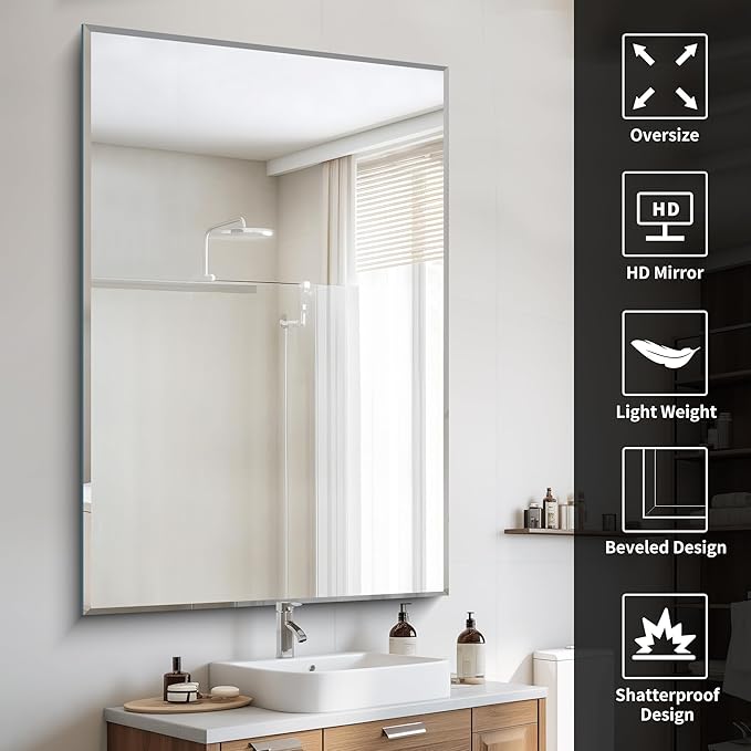 60x40 Large Beveled Mirror, Frameless Beveled Bathroom Mirrors for Over Sink, Upgraded Shatterproof Beveled Frameless Vanity Mirror for Bathroom,Bedroom,Living Room and Entryway