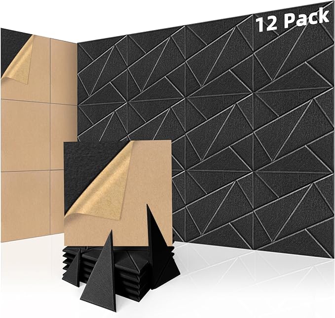Art3dwallpanels 12 Pack Acoustic Panels 12" X 12" Self Adhesive Soundproof Wall Panels Sound Dampening, 3D Wall Decor Peel and Stick Absorbing Panels, Black