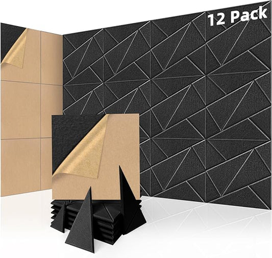 Art3dwallpanels 12 Pack Acoustic Panels 12" X 12" Self Adhesive Soundproof Wall Panels Sound Dampening, 3D Wall Decor Peel and Stick Absorbing Panels, Black