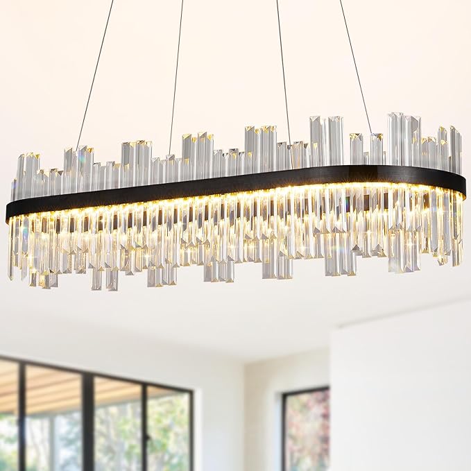 Modern Rectangular Crystal Led Chandelier: 39.3" Black Linear Large Clear Crystals Chandeliers - Luxury Rectangle Contemporary Ceiling Chandelier - Decorated Long Chandeliers for Living Room Bedroom