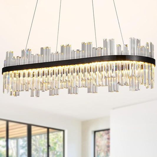 Modern Rectangular Crystal Led Chandelier: 39.3" Black Linear Large Clear Crystals Chandeliers - Luxury Rectangle Contemporary Ceiling Chandelier - Decorated Long Chandeliers for Living Room Bedroom