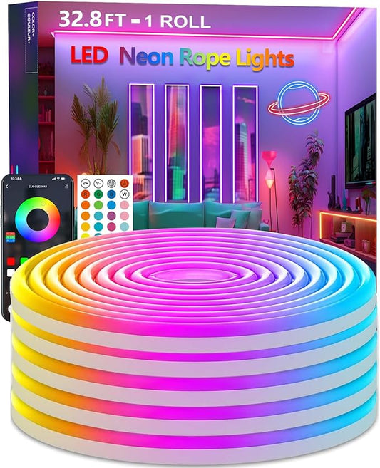 32.8FT RGB Rope Lights,Flexible Led Neon Light Control with App/Remote,Multiple Modes,IP67 Outdoor Waterproof,Music Sync Strip for Bedroom