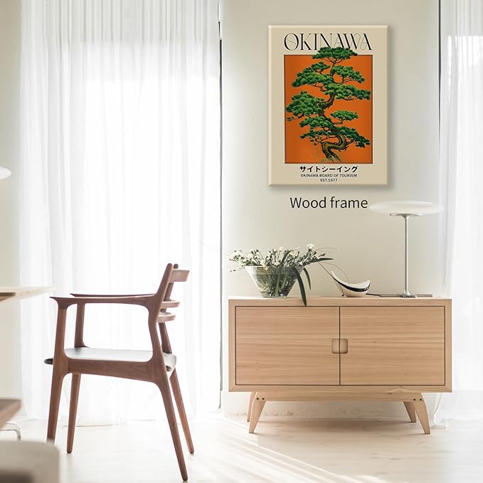 Japanese Canvas Wall Art Orange Okinawa Prints Retro Japanese Bonsai Tree Picture Modern Ukiyo-e Decor Poster for Asian Living Room Bedroom Dorm Bathroom 24x36 inch Framed