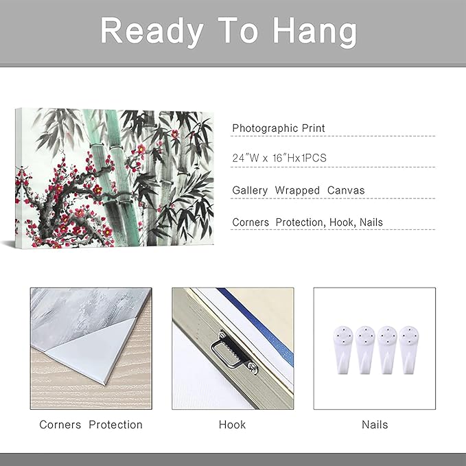 Canvbay Asian Canvas Wall Art Traditional Chinese Ink Style with Bamboo and Red Plum Blossom Painting Pictures Oriental Flower Print Poster Framed for Home Decor Living Room Bedroom 24x36inch