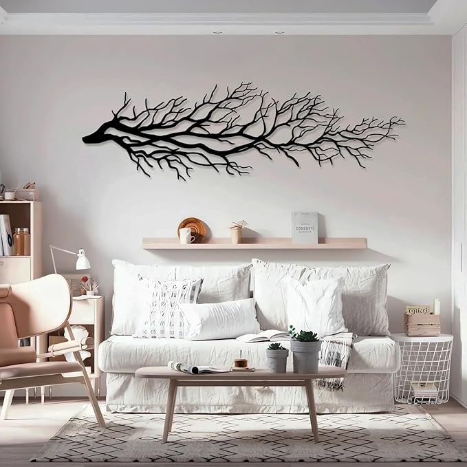 Metal Tree Wall Art, Tree Branch Wall Art, Dry Tree Branch Metal Wall Decor, Ivy Tree, Nature Wall Sculpture, Tree Sign Home Decor, Large Metal Wall Art, Housewarming Gift (16"x53"|41x135cm, Silver)