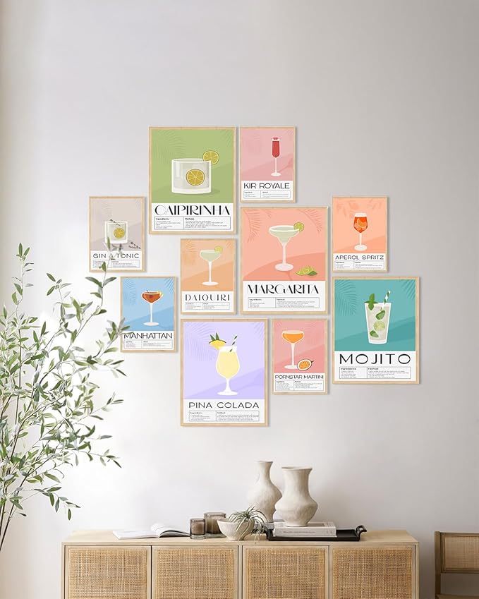 KBKBART Vintage Cocktail Poster Set of 10, Retro Bar Cart Accessories, Colorful Cocktail Wall Art, Funky Drink Aesthetic Pictures for Bar Cart Decor, Preppy Bar Art Prints for College Dorm Apartment - Unframed