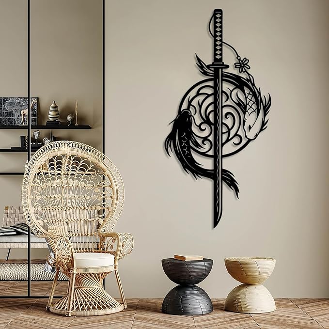 Metal Koi Fish Katana Wall Decor, Koi Fish Metal Wall Decor, Japanese Katana Wall Art, Fishes Decoration, Feng Shui Wall Art, Sword Wall Hanging, Living Room Wall Hanging (Silver, 35"x17"/90x44cm)