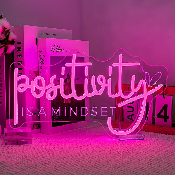 Lucunstar Pink Neon Sign Positivity is a mindset Dimmable LED Inspirational Light Up Signs for Wall Decor USB Powered Neon Light for Home Room Office Gym School Classroom