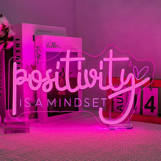 Lucunstar Pink Neon Sign Positivity is a mindset Dimmable LED Inspirational Light Up Signs for Wall Decor USB Powered Neon Light for Home Room Office Gym School Classroom