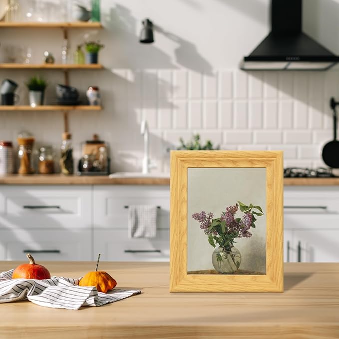 Brivoria Framed Canvas Wall Art Vintage Decor Realistic Still Life with Purple Lilacs in Glass Vase on Light Wood Table Botanical Artwork for Kitchen Reading Nook or Tabletop Display 8"x10"