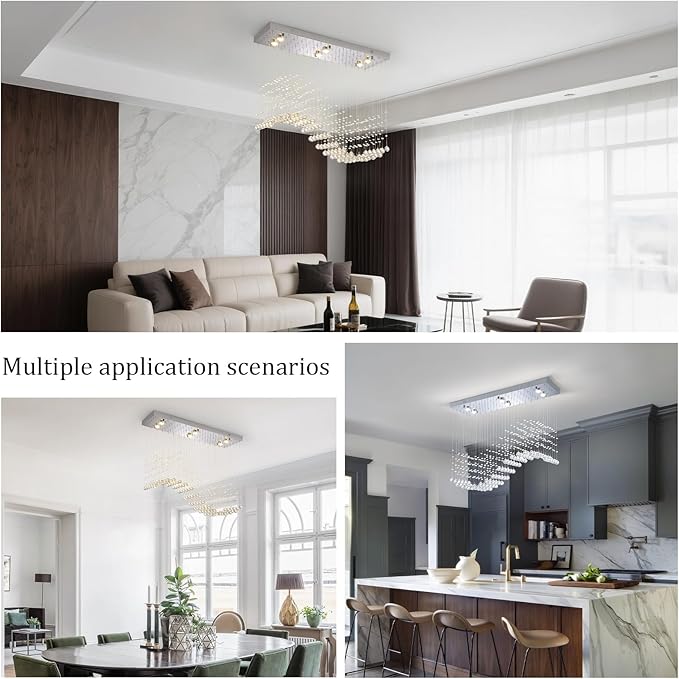 Modern Silver Crystal Raindrop Chandelier: 31.5" Rectangle Dimmable Lighting with Remote - Contemporary Chrome Wave Ceiling Light for Kitchen Dining Room Living Room Staircase Foyer Entryway Bedroom