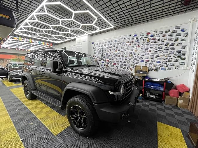 Car Detailing Led Garage Light,15 Hexagonal Grid Systems Led Shop Lights for Garage/Workshop with White Border, 6500K IP54 AC100-240V(191 “x96”)