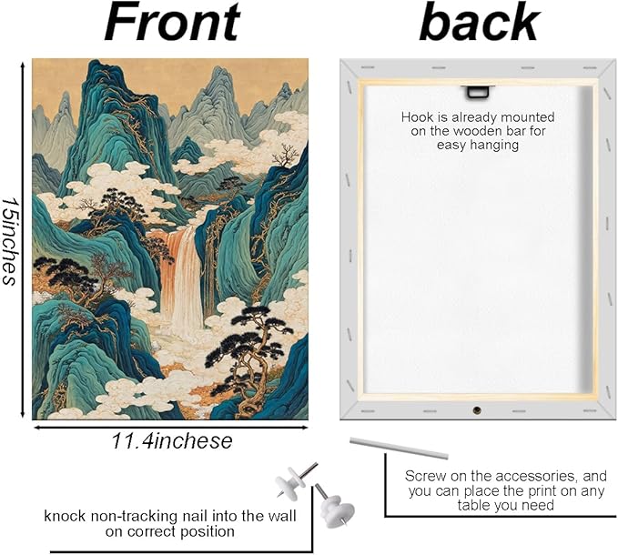 Japanese Waterfall Print Wall Art, Nature Landscape Mountains and Rivers Canvas Framed Prints Room Decor, Housewarming Gifts, Vintage Aesthetic Prints for Living Room Office Entryway 15x11.4 inch