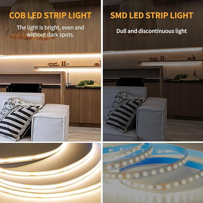 32.8ft COB LED Strip Lights Warm White Dimmable DC 24V 3000K Flexible LED Tape Light for Bedroom, with Remote and app Control LED Tape Lights,for DIY Home Decoration