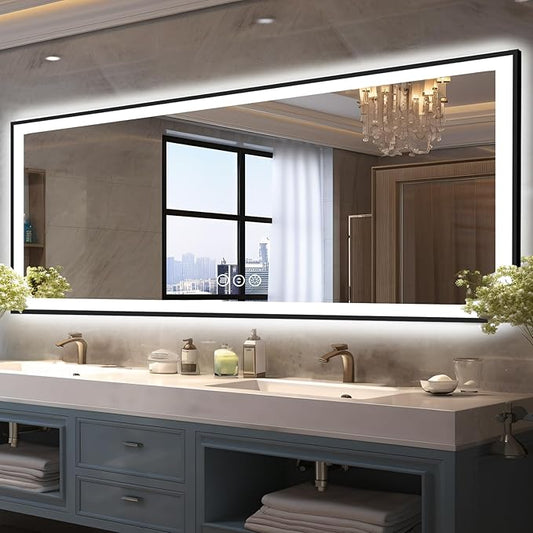 96x36 Large Lighted Bathroom Mirror, Black Rim(Front and Backlit), 3 Colors and Dimmable Vanity Mirror, Tempered Glass, IP54 Enhanced Anti-Fog, Anti-Corrosion, Memory (Horizontal/Vertical)