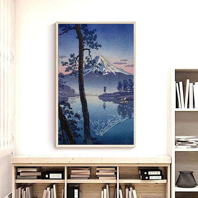 OZCONO Japanese Mountain Lake Art Print, Mount Fuji Landscape, Unframed Gallery Quality Giclée, UV-Resistant Ink (36L x 24W)