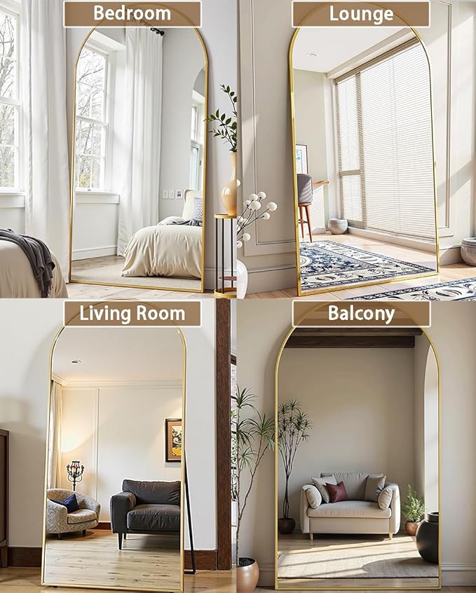 71"X26" Arched Full Length Mirror, Free Standing Leaning or Wall-Mounted Mirror, Aluminum Frame Modern Mirrors for Living Room, Bedroom, Cloakroom, Gold