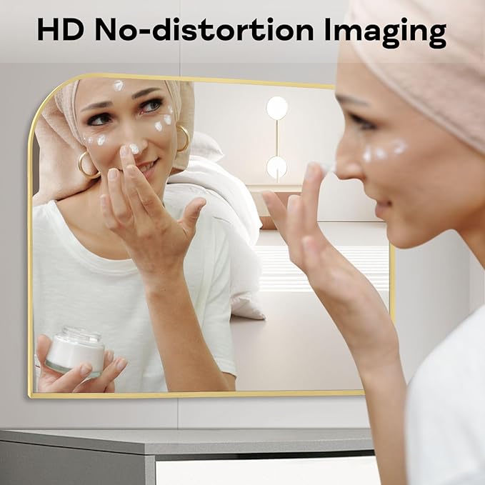 Modern Large Wall Mirror, Modern Mantel Minimalist Home Decor, Brushed Gold Metal Framed Arched Mirror for Living Room, Bedroom, Fireplace, Mantle, Entryway, Bathroom, 36" x 30", Gold