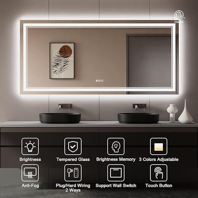 84x40 Inch LED Bathroom Mirror with Lights, Backlit and Front Lighted Bathroom Mirrors for Wall, Anti-Fog Dimmable Memory Shatterproof LED Vanity Mirror for Bathroom