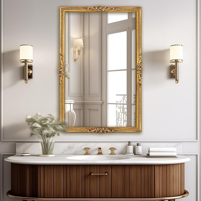 Antiqued Gold Wall Mirror with Beaded Frame – 24 * 36in Traditional & Flourish Baroque Ornate Rectangle Mirror for Over Fireplace/Entryway Vanity, Living Room or Event – Home Décor