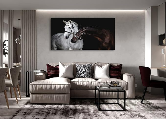 Jiuqinghua Wall Art Canvas Print Picture White and Brown Horses 1 Panel Wild Animal Painting Artwork for Living Room Bedroom Office Home Wall Decor Stretched and Framed Ready to Hang 30x60inches