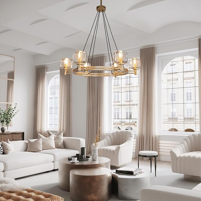 Modern Round Crystal Chandelier, 36in Large Gold Farmhouse Chandeliers for Dining Room, Light Fixtures Over Table, 6-Light Pendant Lighting Fixture for Living Room Bedroom Kitchen Island