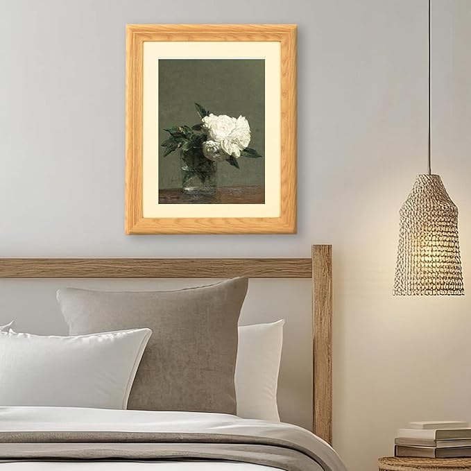 Brivoria Framed Canvas Wall Art Vintage Decor, White Roses in Clear Glass Vase Realist Botanical Still Life Print for Entryway Bedroom Kitchen Bathroom Hallway Decor, 13"x16"