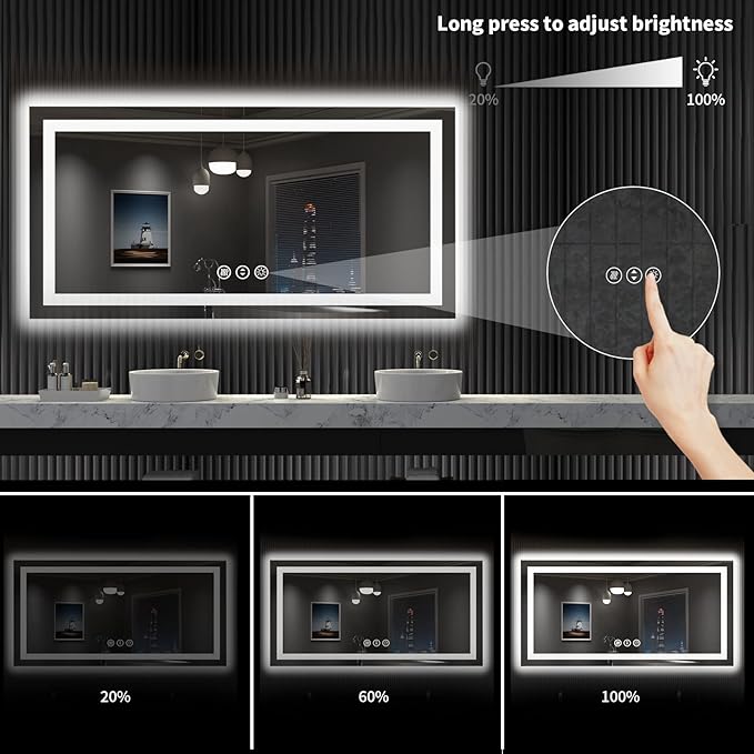 LOAAO 55X30 LED Bathroom Mirror with Lights, Anti-Fog, Dimmable, Backlit + Front Lit, Lighted Bathroom Vanity Mirror for Wall, Shatter-Proof, Memory Function, ETL Listed