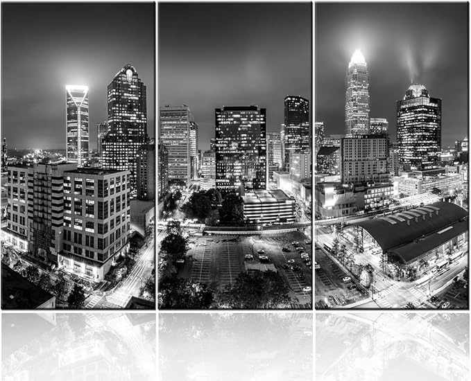 Canvas Print Wall Art Painting for Home Decor Black and White Charlotte Skyline Night Buildings Cityscape Coastline Paintings Artwork the Picture City Photo Prints On Canvas - 40‘’x20‘’x3 panels