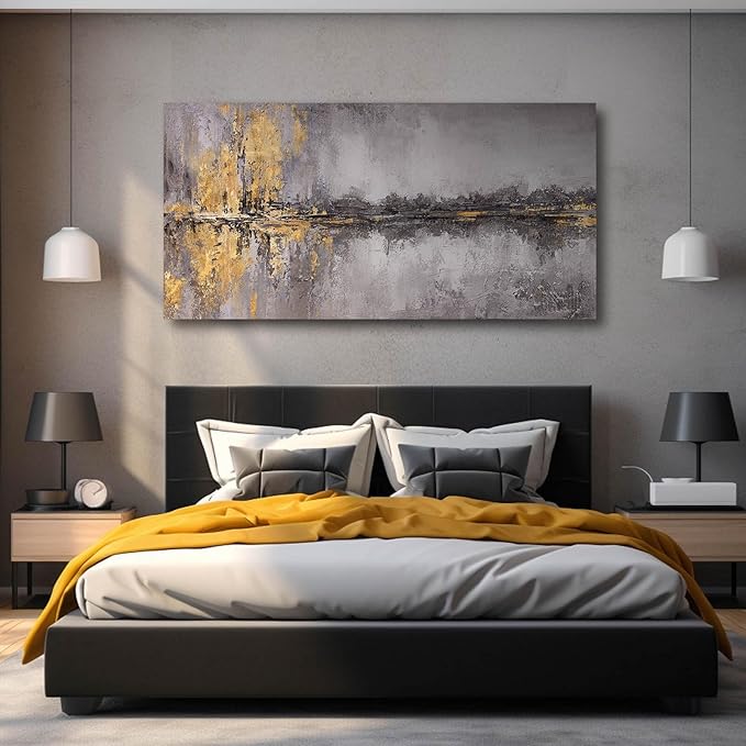 Abstract Wall Art Framed Canvas Wall Decor Gold Grey Pictures Vintage Prints Artwork for Living Room Dinning Room 29"x58"
